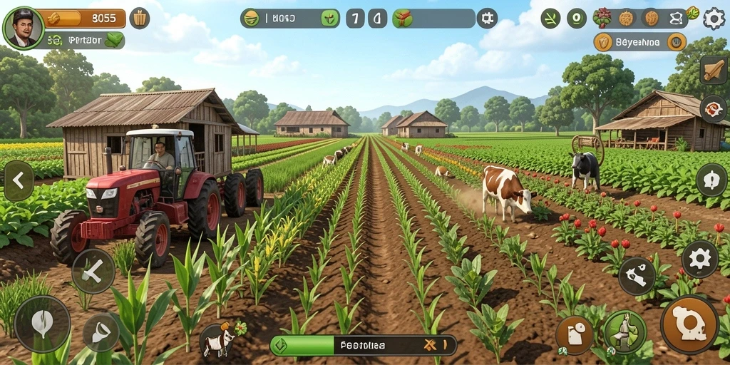 Screenshot gameplay <strong>8055</strong> yang menunjukkan aktivitas bertani yang seru.
