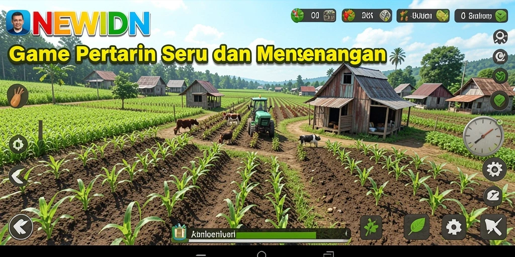 Screenshot gameplay NEWIDN menampilkan ladang indah yang sedang dirawat.